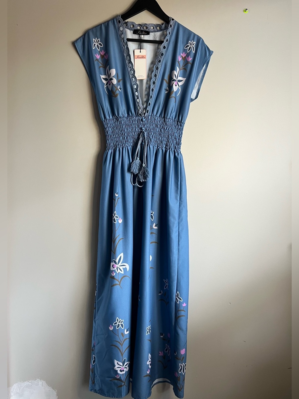 NWT Kinikiss Blue Floral Maxi Dress Womens S Boho Smocked Waist Lightweight